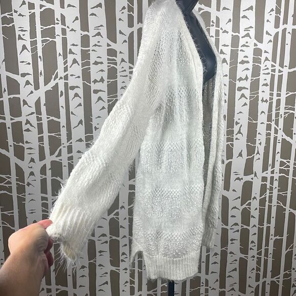 Alya Eyelash Popcorn Metallic Knit Open Front Longline Cardigan Sweater M Ivory - Picture 2 of 9